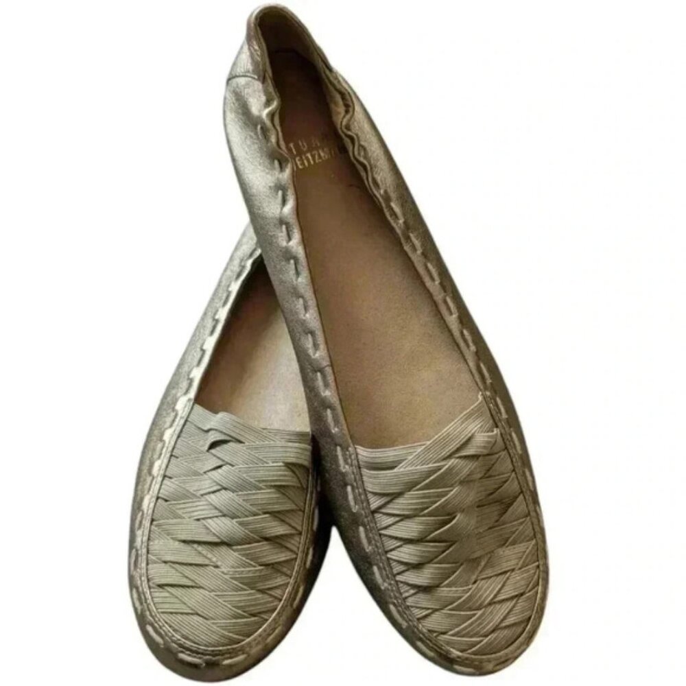 Stuart Weitzman Loafers Leather Metallic Gold Woven Elasticated Vamp Women's  8